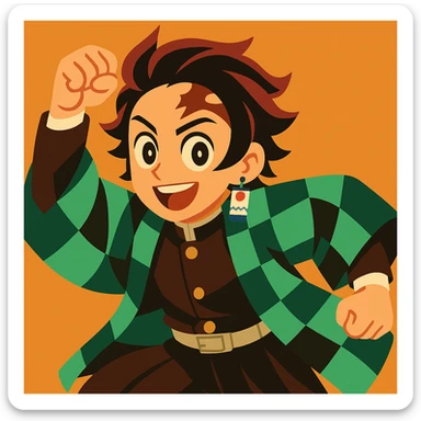 Tanjiro Kamado, vibrant toon style, green checkered haori, hanafuda earrings, short black hair with burgundy tips, energetic pose sticker