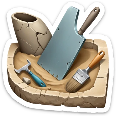 An icon showing an archaeologist’s tools: a trowel, brush, and a partially uncovered ancient artifact like a vase or tablet. The design includes a sandy excavation site with ruins in the background, symbolizing the discovery of past civilizations. Transparent background  sticker
