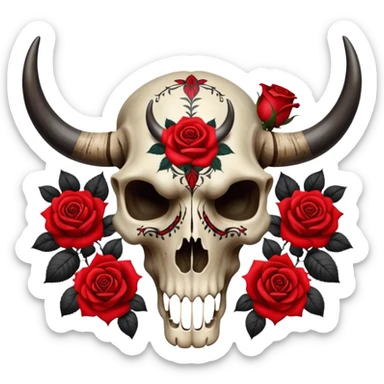 Aesthetic bull skull cranium with red roses, black painted tribal tattoo pattern markings  sticker