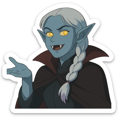 1 female, single long white braid with lavender tips. Vampire with blue skin and glowing gold yellow eyes. Meme pose sticker