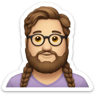 Chubby, non binary, round glasses, attached long brown hair, beard, sleepy smiling sticker