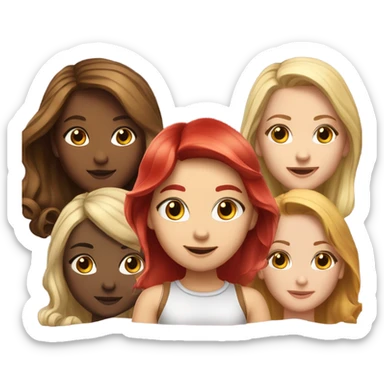 Hyper realistic Group of 5 beautiful girls. Girl 1- brown hair. Girl 2- black hair. Girl 3- redhead. Girl 4- golden hair. Girl 5- light blonde.  sticker