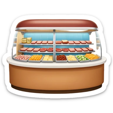 A 3D cartoon deli counter filled with meats, cheeses, and salads, bright lighting, Memoji-style realism. sticker