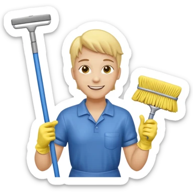 Custodian with yellow rubber gloves, mop sticker