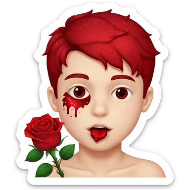 red glitter naughty-looking boy biting a rose in his mouth sticker