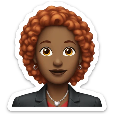Black middle-aged woman with long red curly hair, dressed in professional attire, and wearing earrings sticker