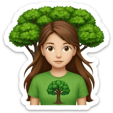 Make a zumba coach emoji, brown eyes, brown hair girl, long ponytail,green t shirt with a tree logo on It sticker