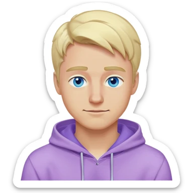 blonde man with blue eyes, lilac hoodie, winking sticker