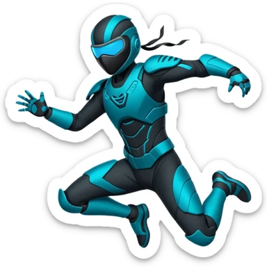​"Flat vector sticker, agile cyber-ninja character in a dynamic leap, teal and black tech-suit, glowing accents, die-cut white outline, isolated on white." sticker