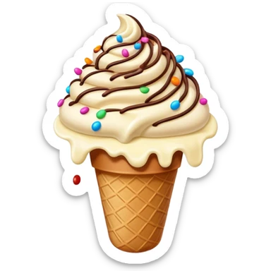 Cinematic scoop of rich, creamy ice cream, slightly melting, smooth swirls of chocolate and vanilla, colorful sprinkles on top, warm glowing background, playful and inviting. sticker