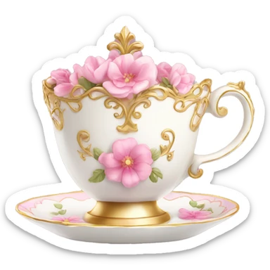 princess tea cup with pink flowers and gold details  sticker