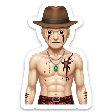 Freddy Krueger with burned skin, dark brown sequin baggy pants, shirtless with necklace sticker