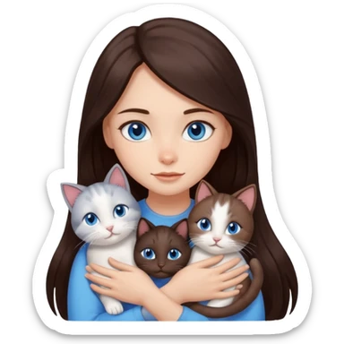 a pretty girl with long dark 
brown hair, with blue eyes, hugs 3 different natural coloured small cats sticker