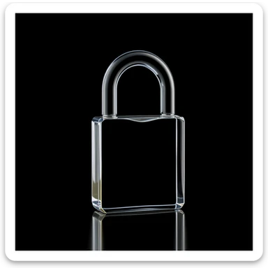 Photo of a 3d made of glass padlock, black void around symmetrical 3d render, rim light sticker