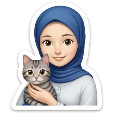 White girl wearing dark blue hijab with white shirt smiling while holding a black grey tabby cat sticker