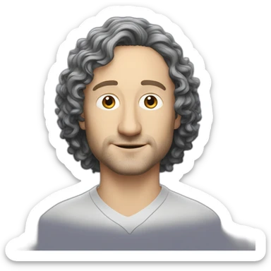 tim robinson with shoulder length curly black hair, wide triangular shape flat bottom sticker