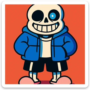 Sans from Undertale, cartoon skeleton with one blue glowing eye, simple background, vibrant toon style sticker