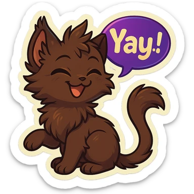 a dark-brown fluffy cute kawaii anthropomorphic furry anime cat-furry with tufted ears, golden eyes, and a long thin tufted tail, happy, grinning, closed eyes, pleased expression, saying “Yay~!..” with a purple speech bubble, (cartoon style) (cute anime style) (furry style) (deviantArt style) (artist style: Kamirah) sticker