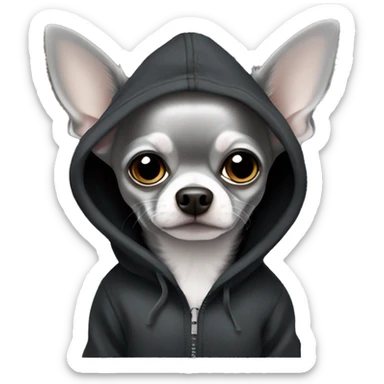 Dark Grey light grey long hair chihuahua dog in a black hoody sticker