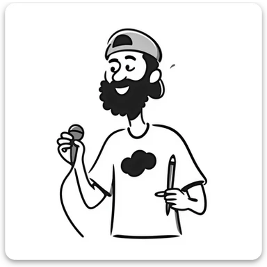 adult musician with beard and backwards cap, smiling widely, holding microphone in one hand and pencil in other hand sticker