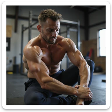 realistic photo of a crossfit athlete training, performing joint mobility exercises, dynamic stretching, prominent muscles, natural light, gym background sticker