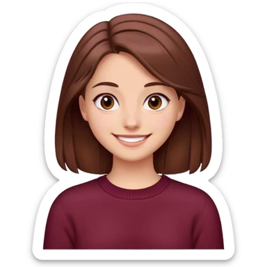 A girl with brown hair smiles, gray-brown eyes, wearing a burgundy sweater. sticker