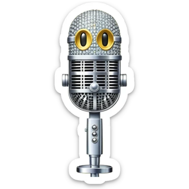 Create a glamorous and vibrant emoji representing stage vocal performance. The design should feature a classic vintage microphone at the center, surrounded by humanless an eye-catching stage costume covered in rhinestones, sparkling brightly. The costume should be stylized, with glittering elements like sequins and sparkles, and reflect the glitzy, extravagant nature of show business. The microphone should have a sleek, retro look with chrome or metallic accents. Use rich, dazzling colors like gold, silver, deep purple, and bright red to evoke the glamorous, larger-than-life feel of a stage performance. The background should be transparent. sticker