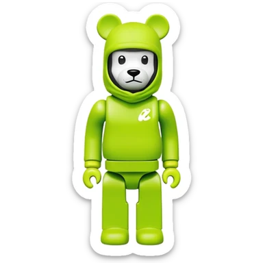 classic bearbrick toy with squared head, wearing a bright lime balaclava with Nike swoosh logo on it, pronounced eyebrows, blocky bear design sticker