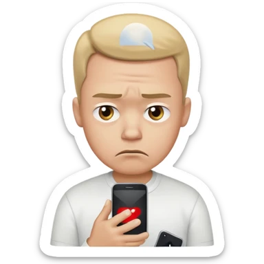 A sad-looking cartoon man holding a smartphone, staring at the screen with worried eyes and a frown, wearing a white shirt. sticker