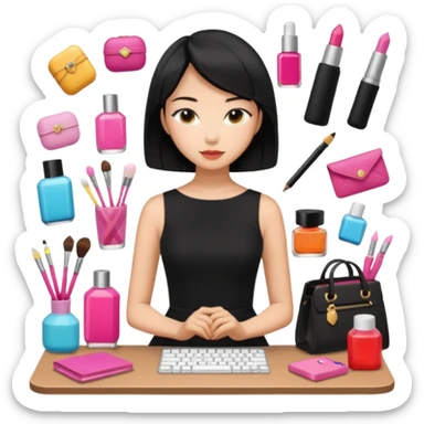 asian black short shoulder length hair tanned woman, black dress girly things sticker