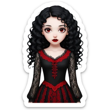 A girl with a red goth vampire look in a black and red goth lace dress with long sleeves and long black curly hair bold look on her face sticker