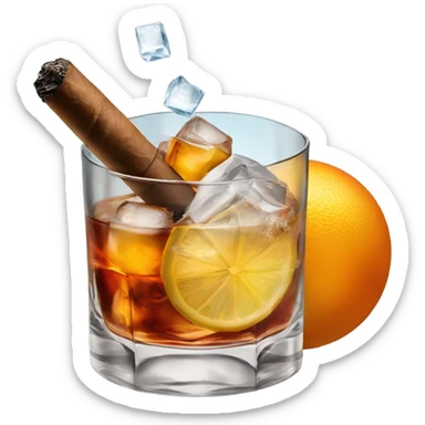 old fashioned cocktail with ice sphere & cigar sticker