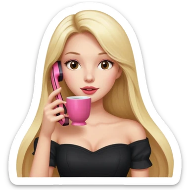 exaggerated features of woman with straight long blond hair, gossiping on a pink analogue phone, holding a tea cup, wearing an off-shoulder black top, red face sticker