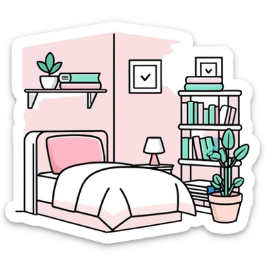 clean girl aesthetic bedroom with white furniture, pastel pink accents, neatly arranged books, potted plants sticker