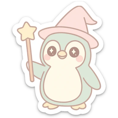 cute and whimsical penguin dressed as a wizard with a pointed hat and magic staff sticker