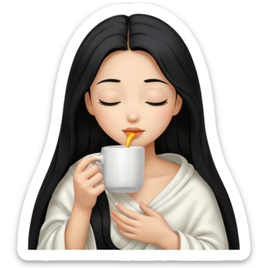 black hair girl long hair inside a white milky satin blanket sipping coffee in white mug eyes closed without coffee in mouth  sticker