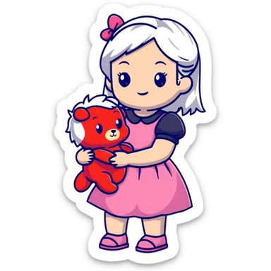 girl with white hair holding a strawberry wearing a pink dress holding a teddy bear sticker