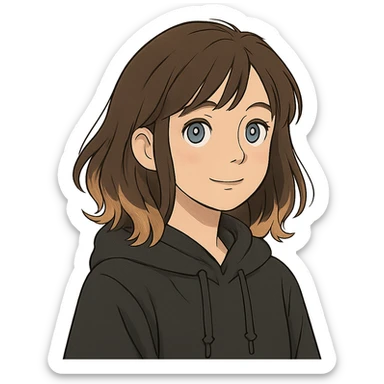 designer girl with blue eyes, brown hair with blonde highlights, black hoodie sticker