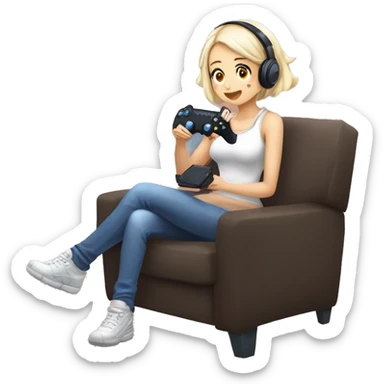 creame una chica anime gamer sentada en una silla gamer jugando juegos sticker