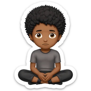 cute brown skin boy, no smile just sitting there looking tuff, black hair, sponge messy freeform’s.  sticker