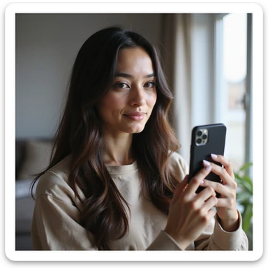 realistic PNG image of a woman with long straight dark brown-black hair holding an iPhone recording a TikTok video facing the camera with a focused expression dressed casually in a well-lit indoor setting transparent background sticker