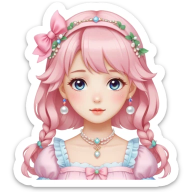 Gorgeous anime style lady with blushing face and accessories cottagecore fairycore Kawaii anime colorful pearly romantic aesthetic trending style sticker