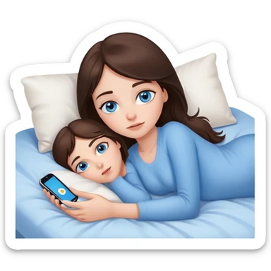 White girl brunett blue eyes, laying In bed on her stomach using her phone sticker