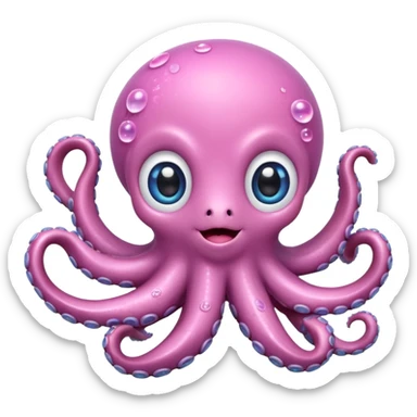 playful octopus with shiny plastic effect, big glittering eyes, small body, happy expression, pink cheeks, detailed surface, soft pastel palette with vivid accents, little accessories like bows, strong highlights sticker
