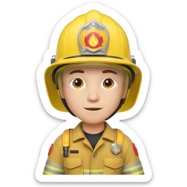 3D cartoon-style firefighter in the Apple emoji style, wearing a bright yellow helmet and fireproof uniform, front-facing, soft lighting, white background. sticker