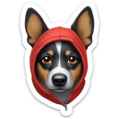Blue heeler wearing a big red hoodie sticker