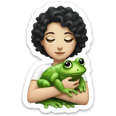 a white girl with curly black hair looking very sleepy and hugging a frog sticker