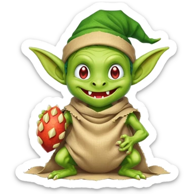 A retro pixel art goblin with a cloth sack over its back filled with dragon eggs. sticker