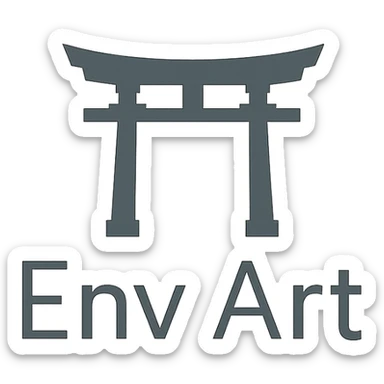 The words 'Env Art' in a clean sans-serif font, with a minimalist Shinto shrine silhouette behind, subtle and professional look. sticker