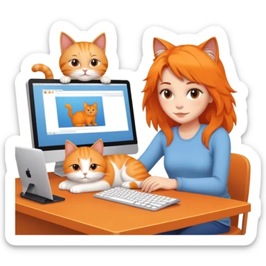 A girl is working in front of a computer, and a cat is lying next to the computer sticker